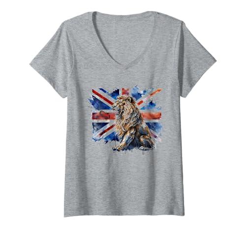 Womens Union Jack Lion Union Jack Flag British Isles UK Flag V-Neck T-Shirt