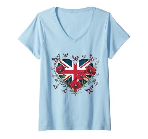 Womens Union Jack Butterflies UK Flag Flowers Women Girl Union Jack V-Neck T-Shirt