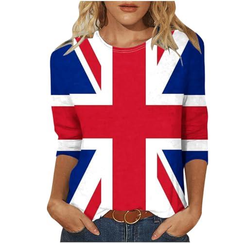 Union Jack Tops for Women 3/4 Sleeve Vintage UK Flag T-Shirts Womnes Classic Fit Great Britain Tunic Blouses Round Neck British Flag Ladies Tops S-3XL