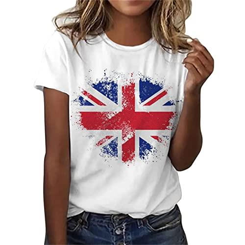Keepink Ladies Tops Independence Day Shirts British Flag Shirt Top Womens 4th of July T-Shirts Short Sleeve Crew Neck Patriotic Tees Loose Tunic Dressy Blouse Summer Tees UK
