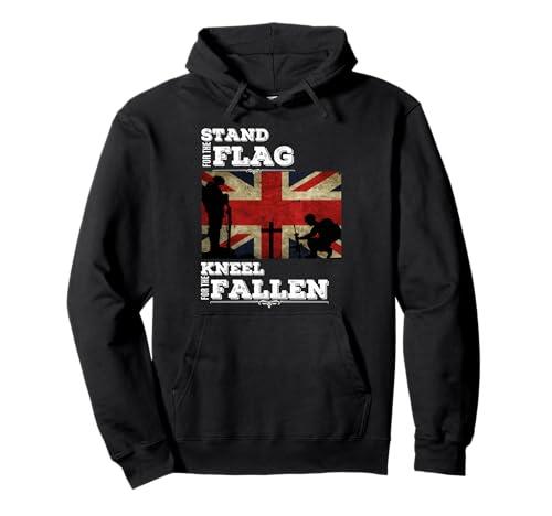 Lest We Forget Clothing Co. Stand For The Flag Kneel For The Fallen British Flag Soldier Pullover Hoodie - Unisex-Adults, Black, M
