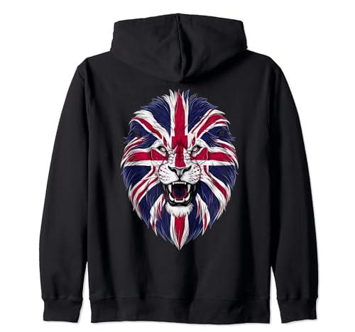 Patriotic Union Jack Flag on Lion Face Fierce UK Pride Zip Hoodie