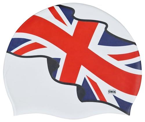 CHEX Stretchy Silicone Unisex Women Men One Piece Swimming Hat Swim Cap United Kingdom Union Jack Flag Design One Size Adults Pull On