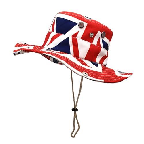 Union Jack Bowler Hats 1PC British Flag Bucket Hat with Elastic Cord for Coronation of King Charles III Fade Resistant Sun Hat for National Celebrations (Watermelon Red)