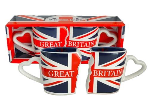 Great Britain Flag Souvenir Twin Pack Mug Set | Union Jack Coffee Mugs with Heart-Shaped Handles | Intricate Ceramic Design, Set of 2 – Perfect Tea & Travel Gift