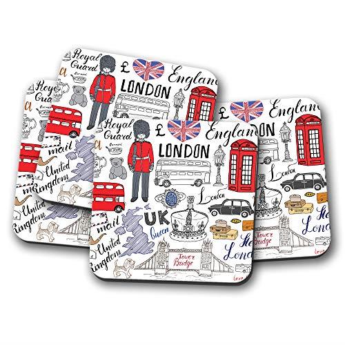 4 Set - London England Coaster - British UK Red Bus Tower Bridge Fun #14906