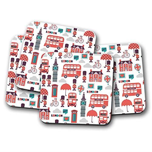 4 Set - London Pattern Coaster - Red Bus Big Ben Britain British Fun #14506