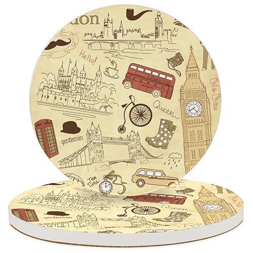 Cartoon British London Ceramic Coasters Set of 2 Absorbent Coasters for Drinks Decorative Round Coasters with Cork Backing for Patio Coffee Table Coffee Cup Beverage Coasters