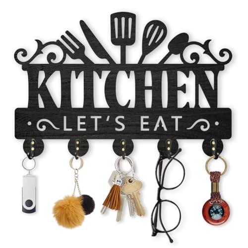 MAYJOYDIY Kitchenware Wooden Key Holder, 30x20cm Kitchen Themed Key Hanger, Wall Mounted Hat Rack with 5 Hooks Black Hanging Organizer for Entryway Hallway Kitchen Bedroom
