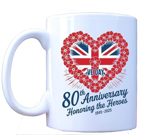 MILLHOUSE PRINTS VE Day 80th Anniversary Poppy Heart Mug 1945-2025, Remembrance Union Jack Coffee Cup, British Memorial Commemorative Gift, WW2 Victory Day Tribute