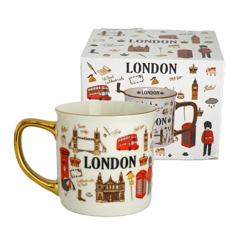 Stylish British Heritage London Mug – Collectible Ceramic Coffee Tea Cup with Gold Handle & City Symbols Landmark Design