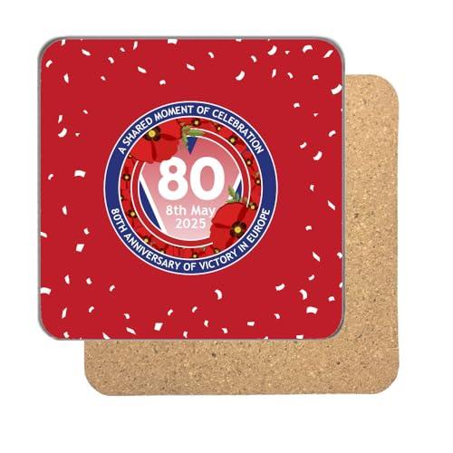 VE Day 80th Anniversary Drinks Coaster – 1945-2025 Commemorative Tableware – Patriotic Remembrance Gift – British Heritage Party Decor Design 7 (Red) - Special Edition