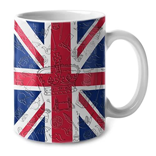 Lotacy Uk Union Jack British Flag And Symbols Ceramic Mug 11oz, British Souvenir and Gifts, Gift Idea For British Men and Women, Born And Raised In United Kingdom Gifts, White