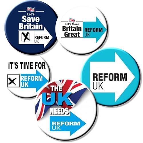 Set of 5 Reform UK Badges - Vote Reform UK Party Political Nigel Farage 5 x 55 mm Button Badge set