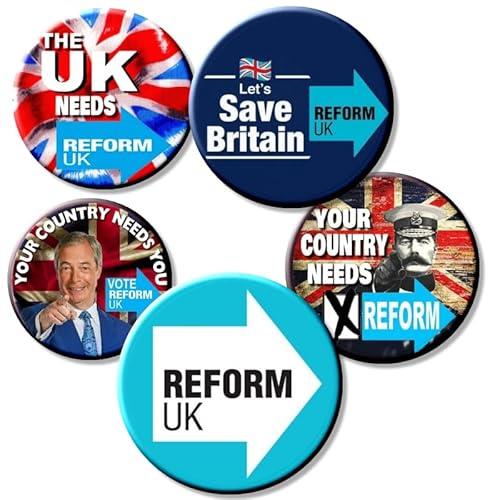 Set of 5 Reform UK Badges - Vote Reform UK Party Political Nigel Farage 5 x 55 mm Button Badge set 3