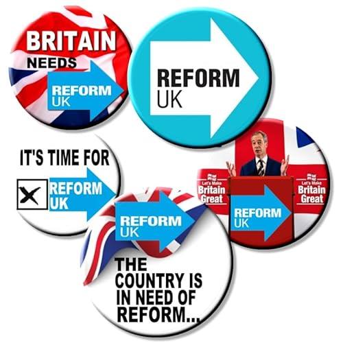 Set of 5 Reform UK Badges - Vote Reform UK Party Political Nigel Farage 5 x 55 mm Button Badge set 2