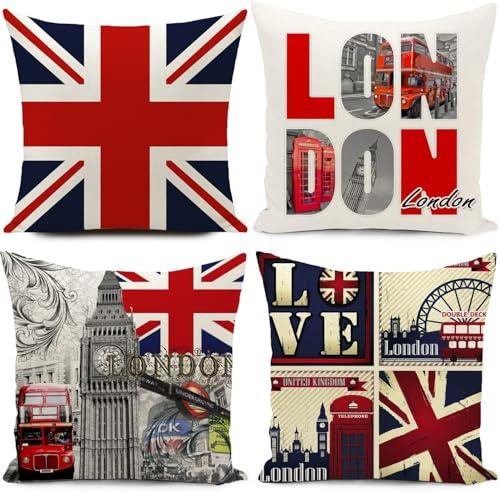 Union Jack Flags Cushion Covers British Gifts London Souvenirs Festival Party Decorations England Uk Vintage Throw Pillow Case 18x18 Inch Set of 4 Decor Home for Livingroom Bedding Sofa Office