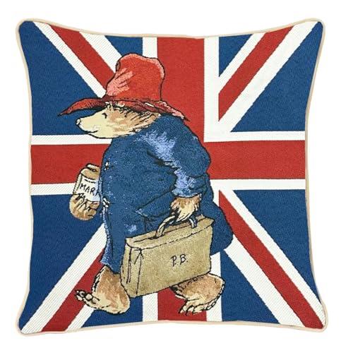 Signare Tapestry Cushion Cover - Union Jack Paddington Bear Design, 45x45cm, Double-Sided Decorative Sofa Cushion with Piped Edges