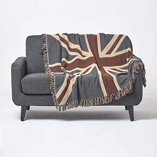 HOMESCAPES Union Jack Flag Throw Blanket, 100% Cotton, Breathable, Handwoven Throws For Sofas Large, United Kingdom Flag Blanket For Bed & Armchair - Navy blue, Red, and Beige, 125 x 150cm