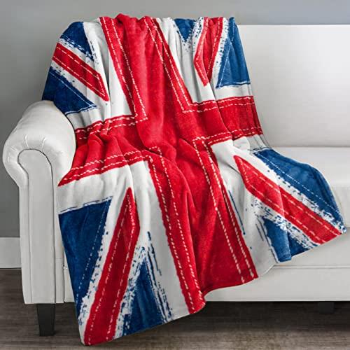 Velosso Union Jack Flag Blanket Sofa Throw Super Soft Touch UK Great British England Flag Patriotic Blanket Throw Red White Blue Denim Stitch Trail 127cm x 150cm