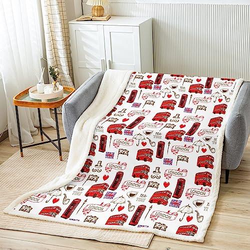 British Sherpa Blanket London Urban Fleece Throw Blanket for Bed Sofa Kids Red Bus Plush Blanket Utra Soft England Flag Fuzzy Blanket Retro Telephone Booth Flannal Blanket Single 50x60 Inch