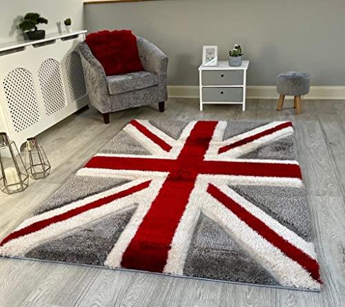 NEW RED WHITE GREY UNION JACK FLAG DESIGN LUXURIOUS THICK PILE RUG MODERN SOFT SILKY CONTEMPORARY SHAGGY RUGS MATS UK (120x170cm)