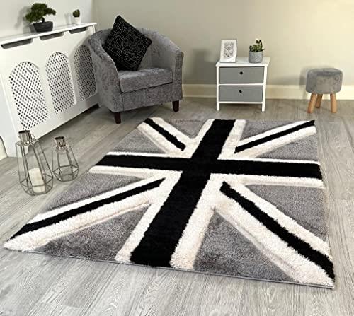 NEW BLACK GREY CREAM UNION JACK FLAG DESIGN LUXURIOUS THICK PILE RUG MODERN SOFT SILKY CONTEMPORARY SHAGGY RUGS MATS UK (120x170cm)