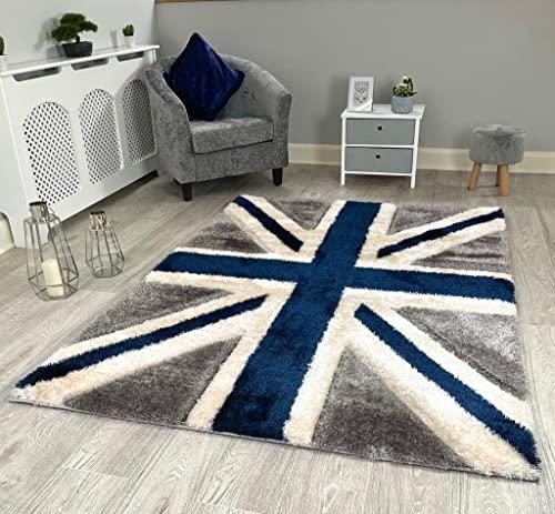 NEW UNION JACK FLAG DESIGN LUXURIOUS THICK PILE RUG MODERN SOFT SILKY CONTEMPORARY SHAGGY RUGS MATS UK (80x150cm, Navy Grey Cream Union Jack)
