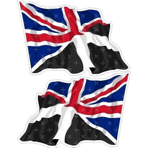 Cornwall County–UK United Kingdom Flying Flag, Cornish St. Piran's Cross & British Union Jack Waving Flag Combination, 75mm (Approx. 3") Vinyl Stickers, Decals x2 (Left–Right)